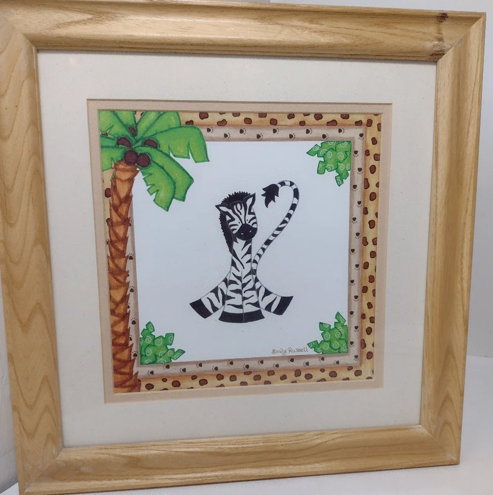 Sandy Russell Whimsical Zebra & Giraffe Framed Art Set - Green, Black, Brown. Se